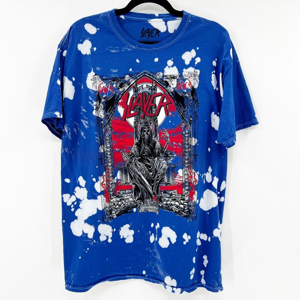 Slayer Unisex Blue Tie Dye‎ Graphic Print Short Sleeve Band Tee T Shirt Top Sz M